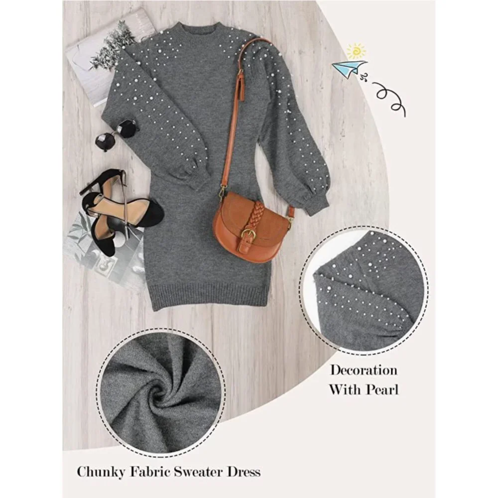 Gray Knit Pearl Embellished Lantern Sleeve Long Sleeve Bodycon Mini Dress - Picture 5 of 8